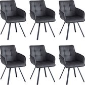 Set van zes donkergrijze eetkamerstoelen van microvezel stof met armleuningen en zwarte, gedraaide poten.