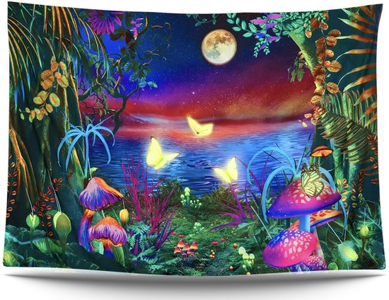 Ulticool - Lune Champignons Papillons - Glow in the Dark Tapisserie Décoration Magic - Psychédélique - Lumière noire Party Tapisserie Fond Tissu - 200x150 cm - Toile de Fond UV Lampe Réactive - Groot Tapisserie - Affiche - Siècle des Lumières Néon