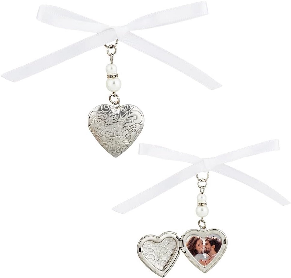 Bruiloft Boeket Charms Medaillon Hanger Decoraties met Acryl Geïmiteerde Parel Kralen en Satijn Lint Heart Angel Foto Hangers