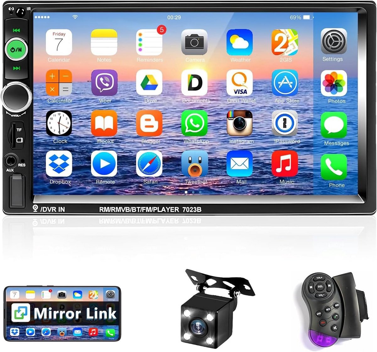 Double DIN Autoradio met Bluetooth en 7-inch Touchscreen voor Multimedia en Achteruitrijcamera