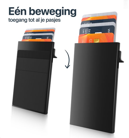 Zwarte pasjeshouder met creditcards eruit, toont één beweging voor toegang.