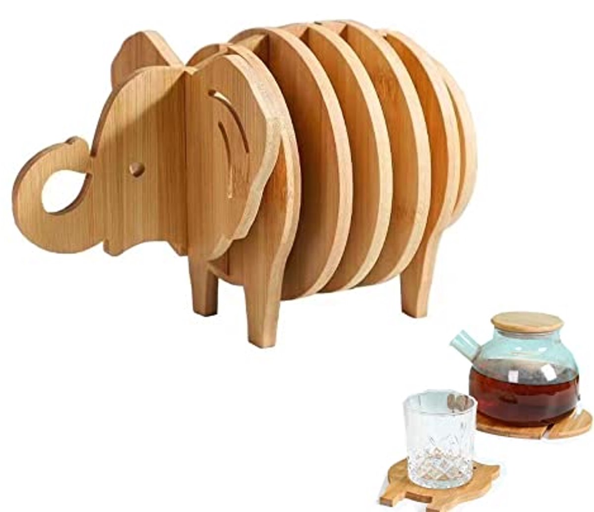 8 stuks bamboe 3D olifant onderzetters, hittebestendig, rond, bruin