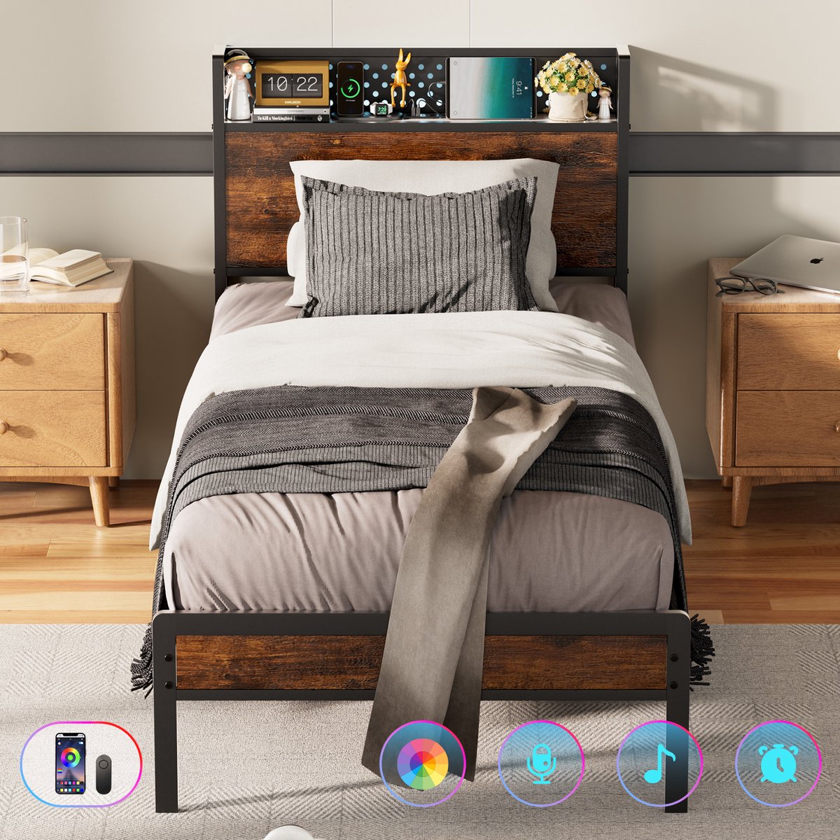 KUTAS Heavy Duty Metalen Bedframe 90x200 cm - Eenpersoonsbed - Jongerenbed - Jeugdbed - Met LED Verlichting - Stopcontacten - USB Poorten - Eenvoudige Montage Zwart