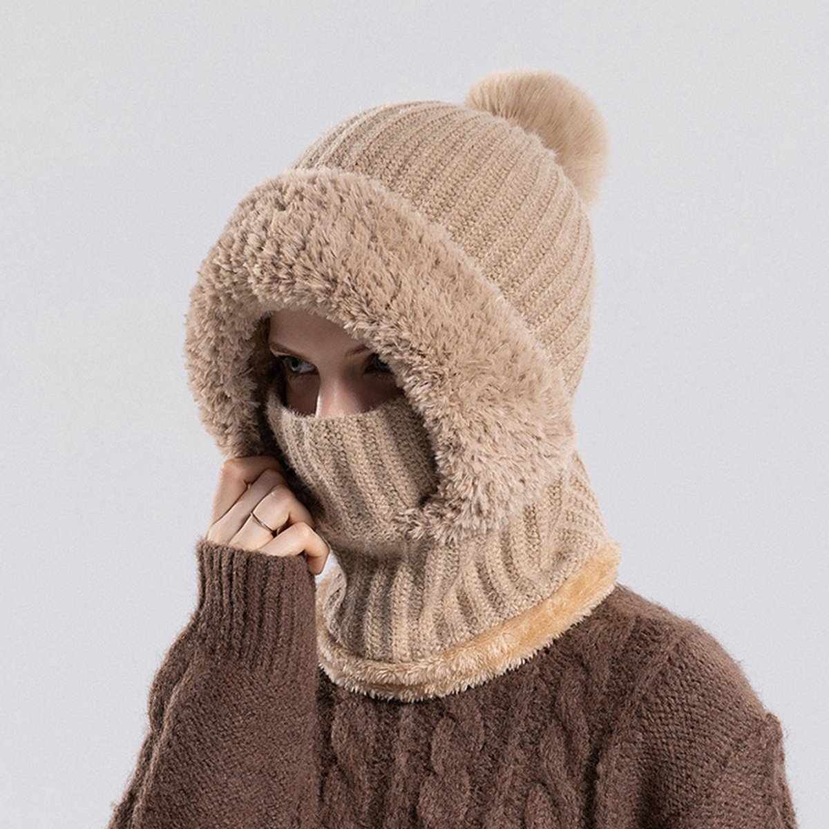 MAGICSHE 3-in-1 Colsjaal met Capuchon, Wintermuts Dames, Gevoerd met Fleece, Gebreide Winter Sjaal met Capuchon en Nekwarmer- Winddicht & Warm - Khaki