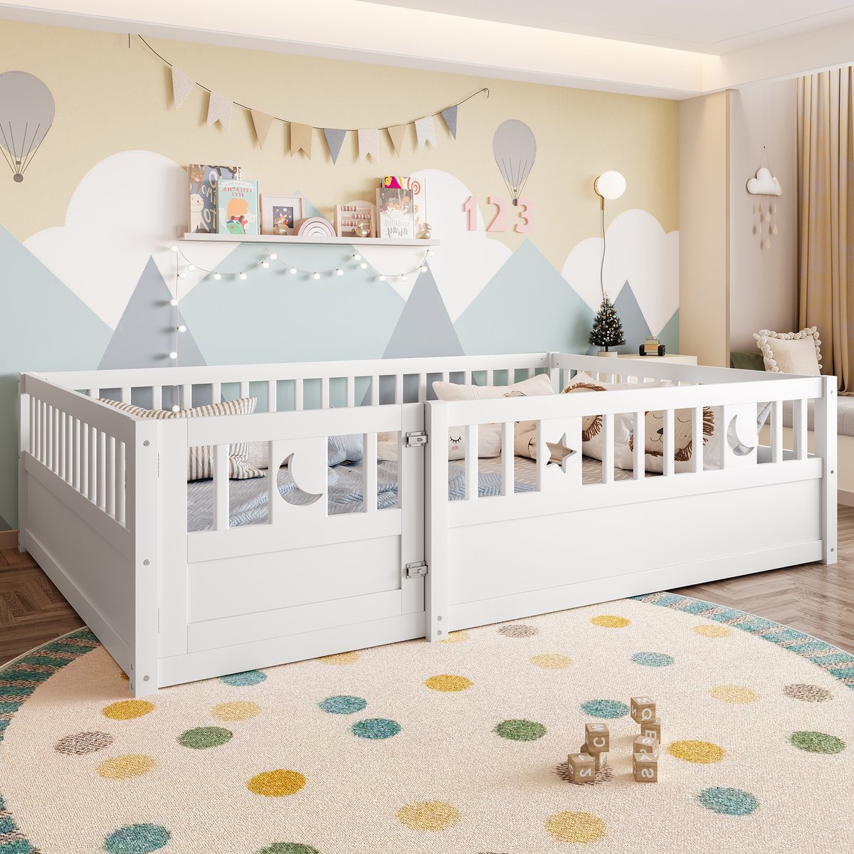 Wishdor Kinderbed 140x190 cm - Met Veiligheidshek & Slot - Ster- en Maandecoratie - Sprookjesachtig & Veilig - Massief Grenenhout - Wit
