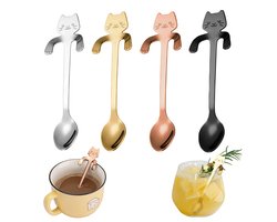 4-delige set - Koffielepel van roestvrij staal in de vorm van een kat - Lepel - Bestek - Drinkgerei - Theelepel - Ophangbaar ontwerp - Kan gebruikt worden als dessertlepel, roerlepel, smoothielepel, jamlepel - Zilver/Goud/Roségoud/Zwart -11,7*3,1 cm
