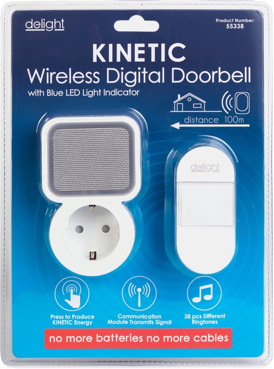 Draadloze Deurbel Zonder Batterijen – Kinetisch – Met Stopcontact – 38 Melodieën – LED Indicator – Wit - 1 Stuks [55338] — afbeelding 2