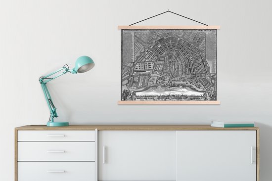 Porte-affiche avec affiche - Affiche scolaire - Plan de la ville historique d' Amsterdam néerlandais - noir et blanc - 60x45 cm - lattes vierges
