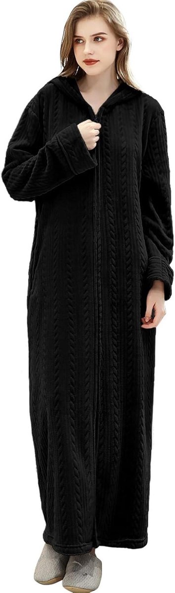 Dames Fluffy Capuchon Badjas met Rits - Extra Lange Cozy Ochtendjas in Pluche en Fleece