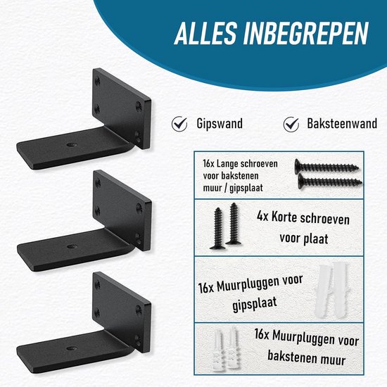 4x Robuuste Zwevende Plankdragers Zwart - Onzichtbare Wandbeugels voor