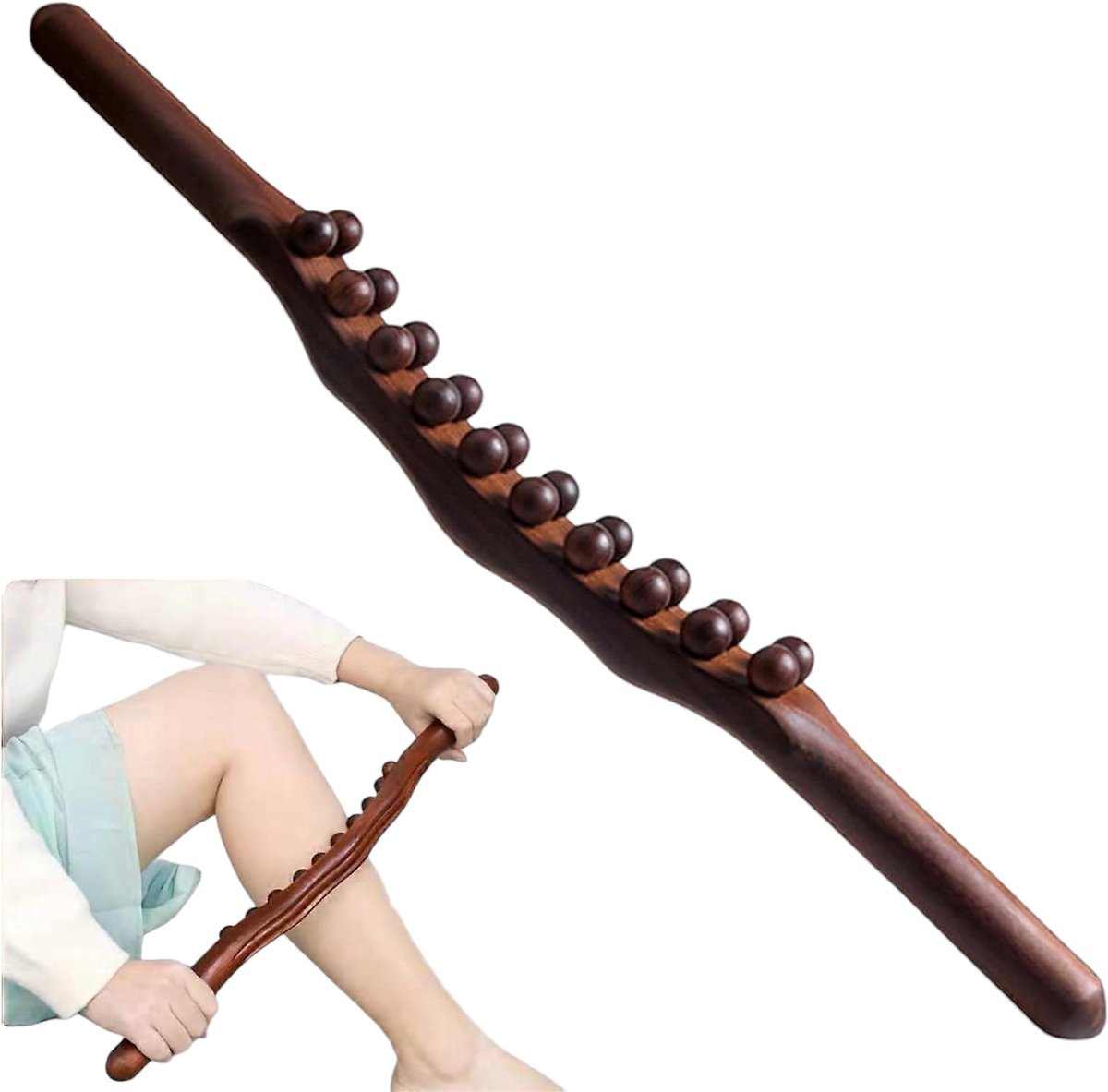 Klikkopers® - RugMassage - Massage Apparaat Rug/Nek/Schouder/Buik/Taille/Armen/Benen - Massage Stok Hout - Massage Stok Hout XL - Houten Massage Stok - 20 Massage Ballen - Gua Sha Massage Tool - 1 Stuk - Bruin Hout