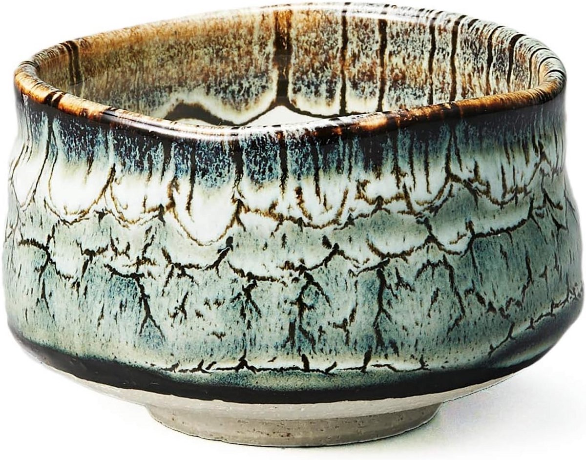 Keramische Matcha Theekom - Turkoois Blauw Glas - 11,5 cm - Handgemaakt in Japan