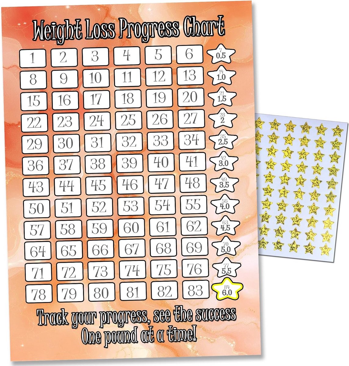 Voortgang tracker voor gewichtsverlies met gouden sterstickers - A4 formaat
