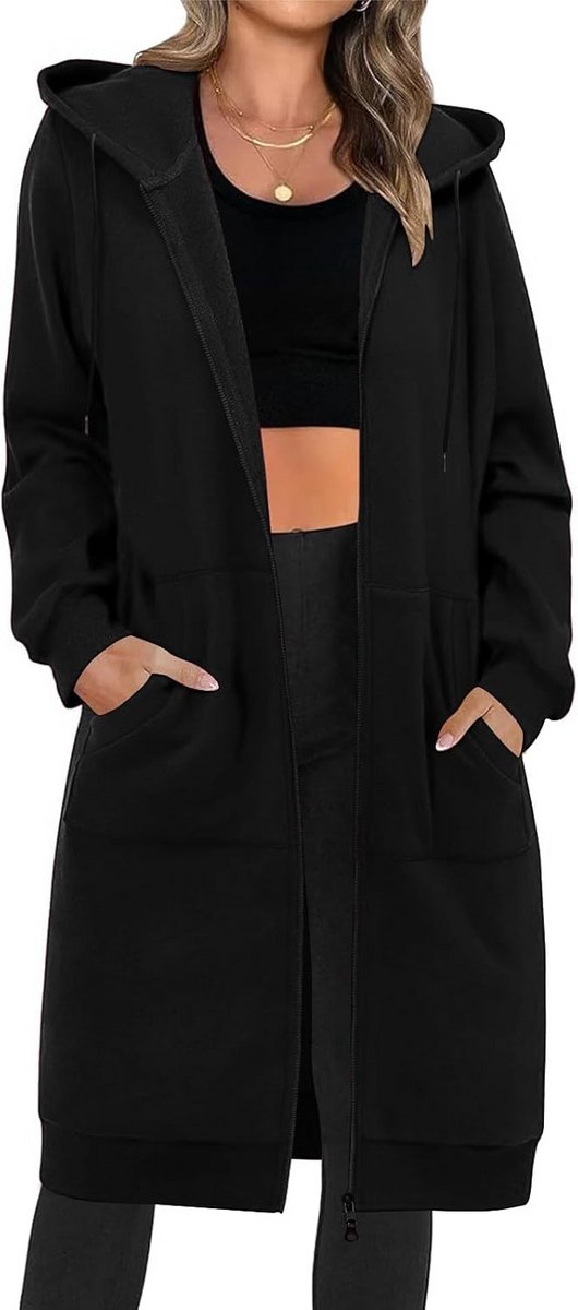 Dames Fleece Hoodie Lange Trui met Ritssluiting en Capuchon