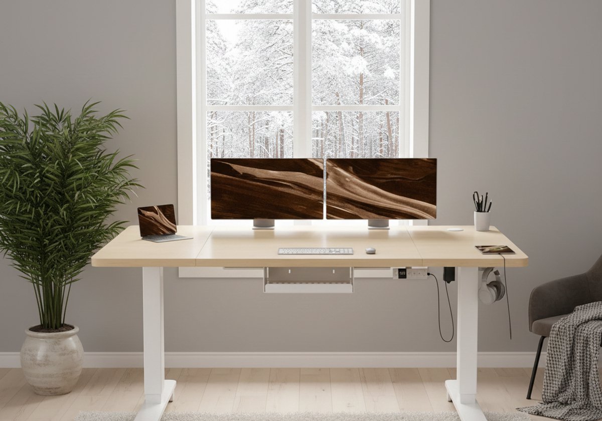 Elektrisch Zit-Sta Bureau – Verstelbaar Hoogtebereik 72–118 cm – Stil & Krachtig Motor Systeem – USB Oplaadpoort – Kabelmanagement Lade – Ergonomisch Sta Bureau 140×80 – Beige – House&Garden