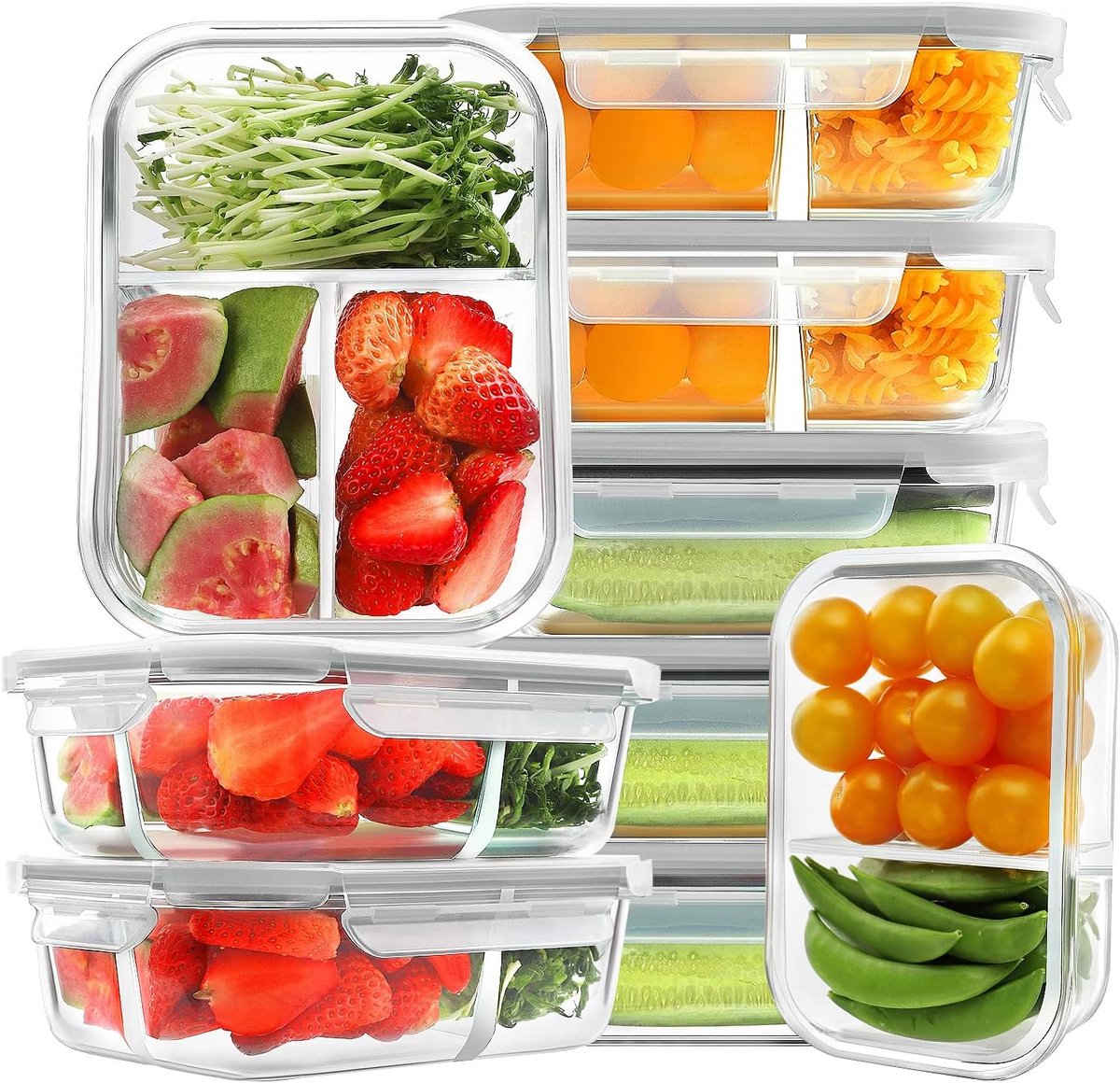 Set van 9 Luxe Glazen Maaltijdcontainers met Deksel - Verschillende Maten en Vakken
