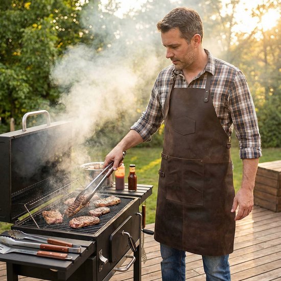 Hide & Stitches Leren BBQ Schort - Gift Box - Barbecue - Grill - 100% Leder - Donkerbruin