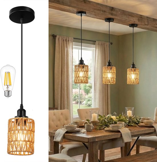HEYUN Rotan Hanglamp 3-lamps Vintage Hanglamp Eettafel Verstelbaar E27 Boho Gevlochten Hanglamp Plafondlamp Handgeweven Kroonluchter Voor Woonkamer Slaapkamer Eetkamer Keuken(Geen Gloeilamp)(Round