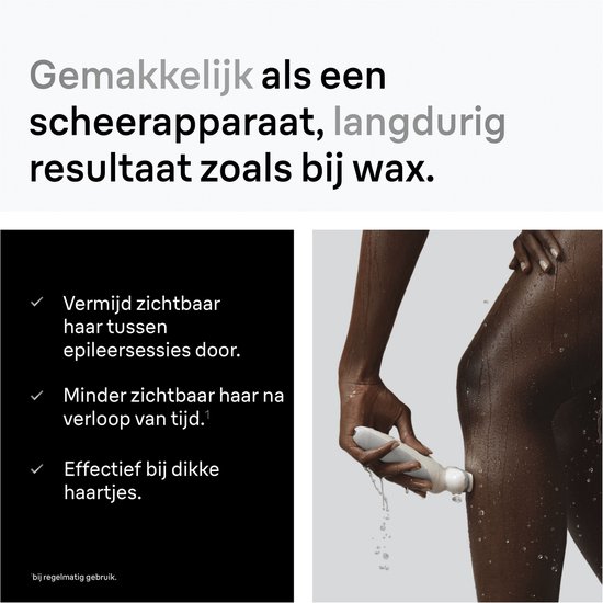 Vrouw met donkere huid epileert haar been in de douche met de Braun epilator. Lijst met voordelen, zoals minder zichtbaar haar.