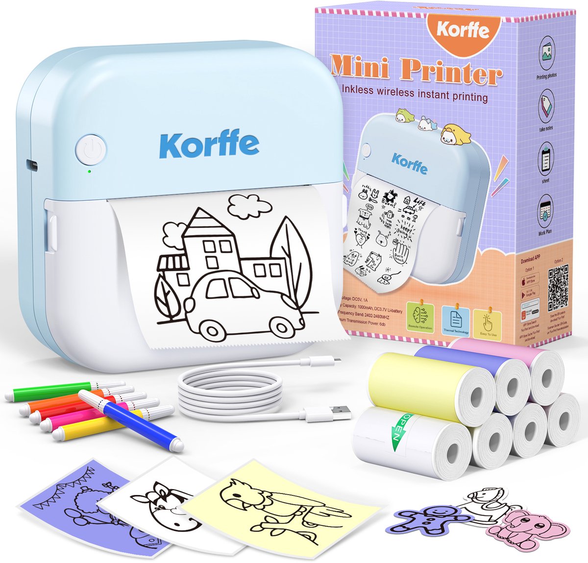 Korffe Mini Printer – 200DPI-Pocket printer-Instant camera-Bluetooth Sticker Printer-7 Rolletjes Papier – Fototoestel voor Kinderen Compatibel–met Android & iOS – blauw