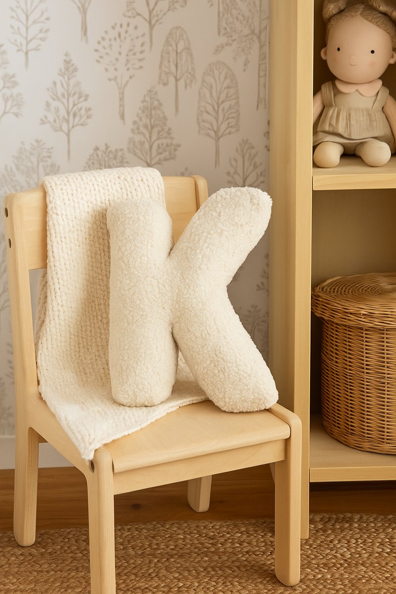 Kraamcadeau Teddy Letterkussen K - Zacht Letter Kussen voor de Babykamer - 40 x 35 cm - Gepersonaliseerd Babycadeau met Naam Letter - Decoratie Kinderkamer