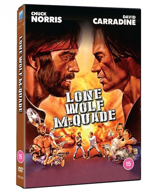 DVD hoes voor Lone Wolf McQuade met Chuck Norris en David Carradine, met actiescènes en "LONE WOLF MCQUADE"-logo.