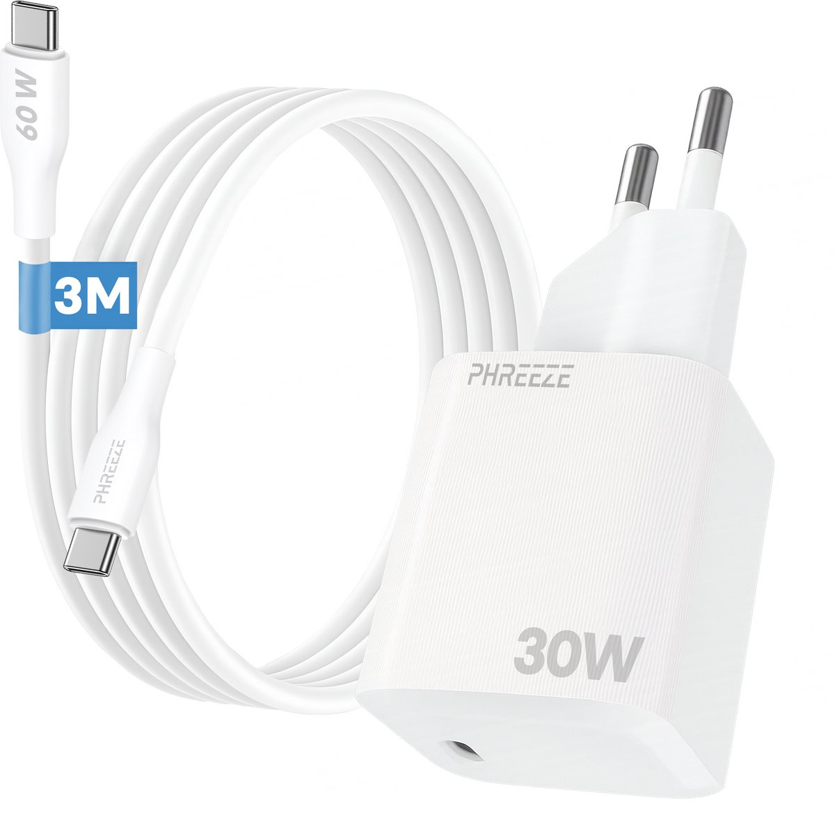 GaN 30w usb C adapter 3m set - Oplader met usb C naar usb C kabel wit