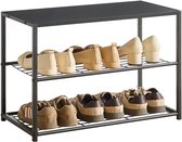 ACAZA Meuble à Chaussures - 2 Niveaux - 6 à 8 Paires de Chaussures - Noir / Chêne Clair - 43 cm x 63 cm x 30 cm - Banc à Chaussures - Étagère à Chaussures Noire - Rangement à Chaussures en Métal
