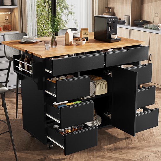 Îlot de cuisine moderne, Armoire de cuisine, Chariot de cuisine coulissant avec roues et plan de travail, Desserte avec porte-épices et 8 tiroirs, Noir