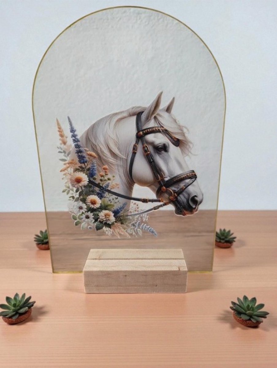 Decoratief Standaard Paard Wit - Met Houten Voet - 15x10 cm