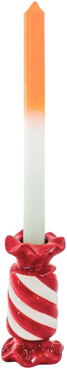 Housevitamin Kandelaar-Toffee Snoepje Kaarshouder- Keramiek- Rood/ Wit-7,5x7,5x13 cm Rood/Wit