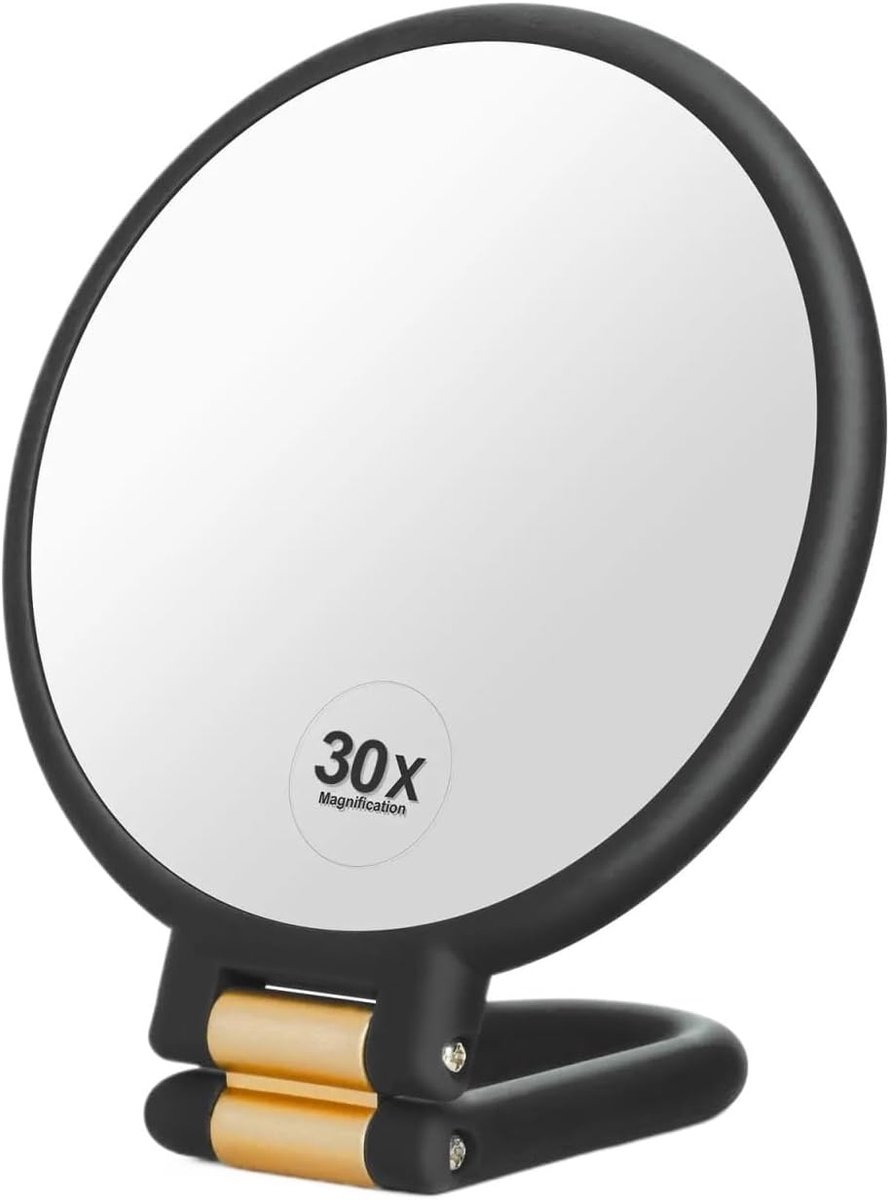 Spiegel - 30x vergrotende spiegel - handspiegel met handvat - dubbelzijdige spiegel met 30x/1x vergroting - draagbare opvouwbare cosmetische spiegel voor op reis - noodzakelijk voor nauwkeurige make-up - zwart