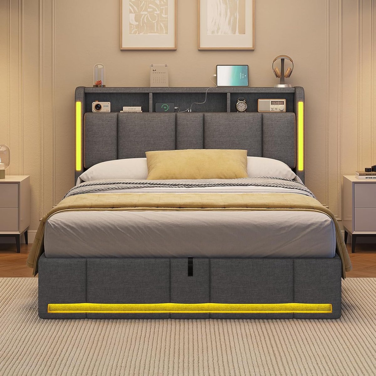 Gestoffeerd Tweepersoonsbed 140 x 200 cm met LED Verlichting, Stopcontacten en Hydraulische Opbergruimte, Hoofdeinde met Lade en USB-poorten, Lattenbodem, Jeugdbed, Linnen Stof, Donkergrijs