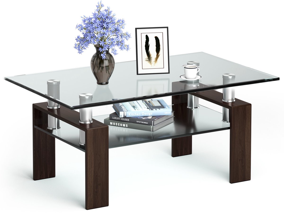 Costway Salontafel van glas, woonkamertafel met onderste plank, glazen tafel met metalen frame, salontafel, salontafel, salontafel, clubtafel, bijzettafel, opbergtafel voor de woonkamer en kantoor Bruin