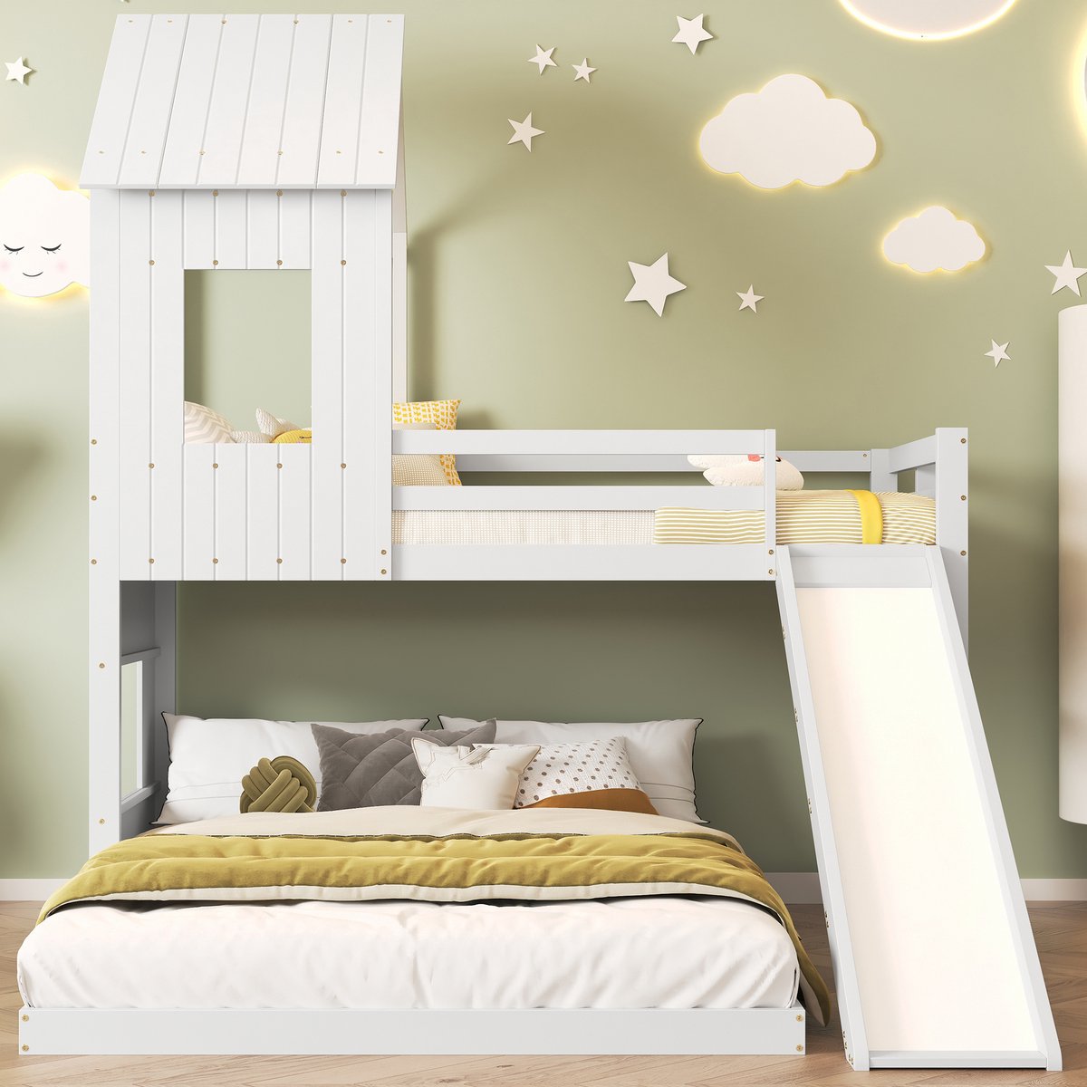 MODFU Kinderstapelbed 90x200 cm – Huisjesmodel met glijbaan – 3-traps ladder – Veiligheidsreling – Massief grenen – Wit