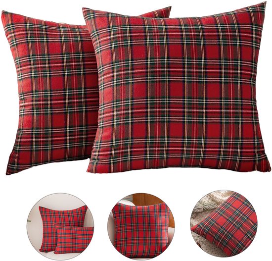 Lot de 2 taies d'oreiller de Noël - Taie d'oreiller carrée à carreaux écossais - 45 x 45 cm - Taie d'oreiller seule - Décoration de Noël - Style champêtre - Convient pour canapés, chambres, salons, bureaux, accessoires de décoration - Rouge, bleu