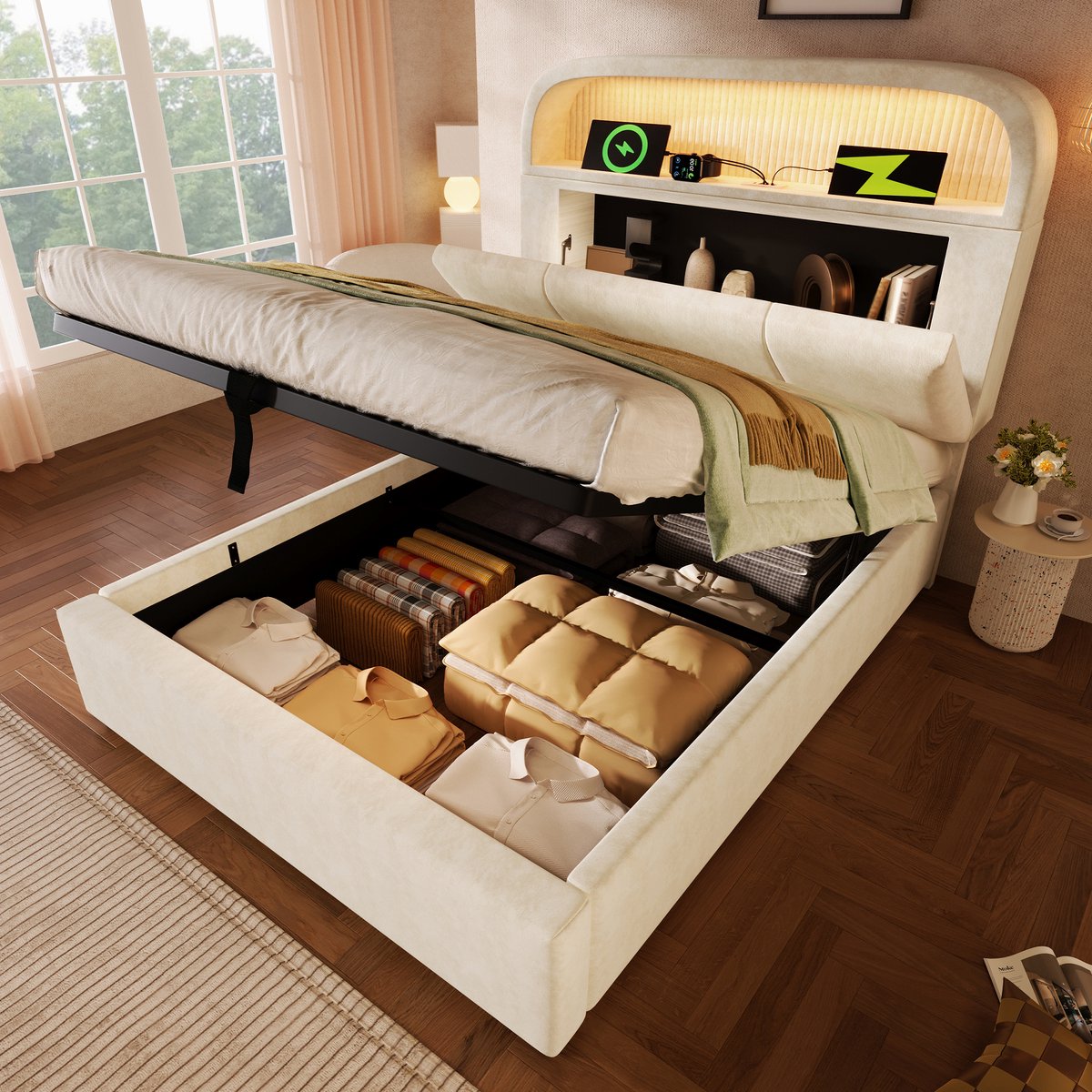 Merax Eenpersoonsbed 90x200 cm - met verstelbare hoofdbord - LED-verlichting en USB/Type-C oplaadfunctie - met opbergruimte - beige - zonder matras