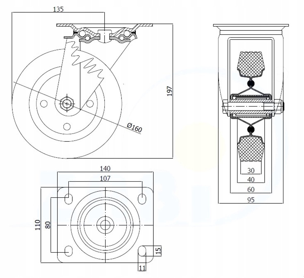 Zwenkbaar wiel 160mm metaal-rubber, 150kg belastbaar