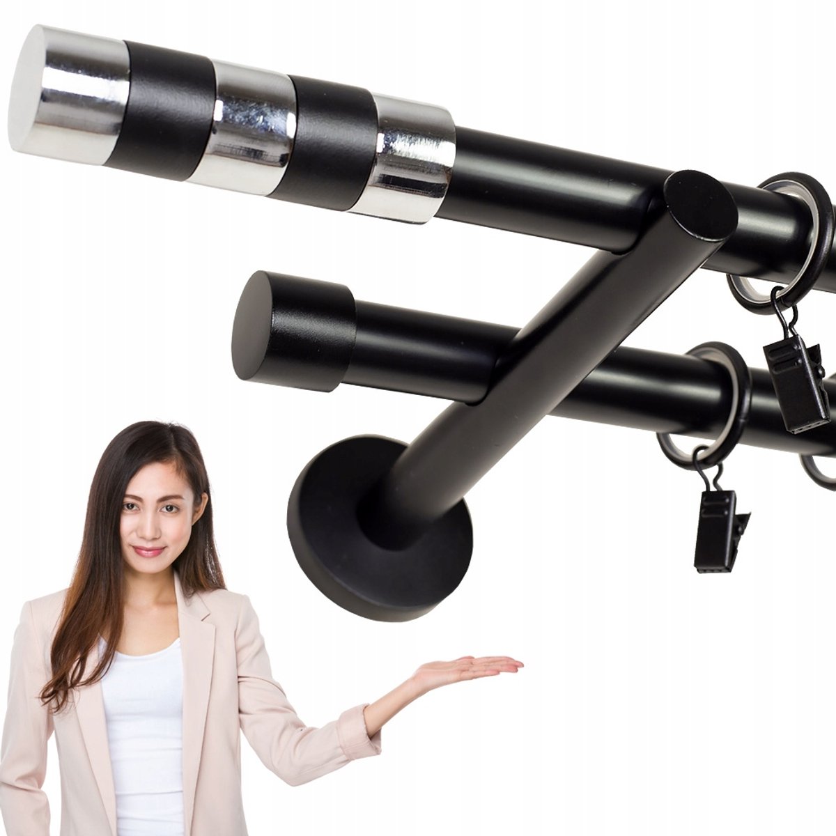 Dubbele Gordijnroede 19mm Zwart Matt Cilinder 340cm Stille Ringetjes