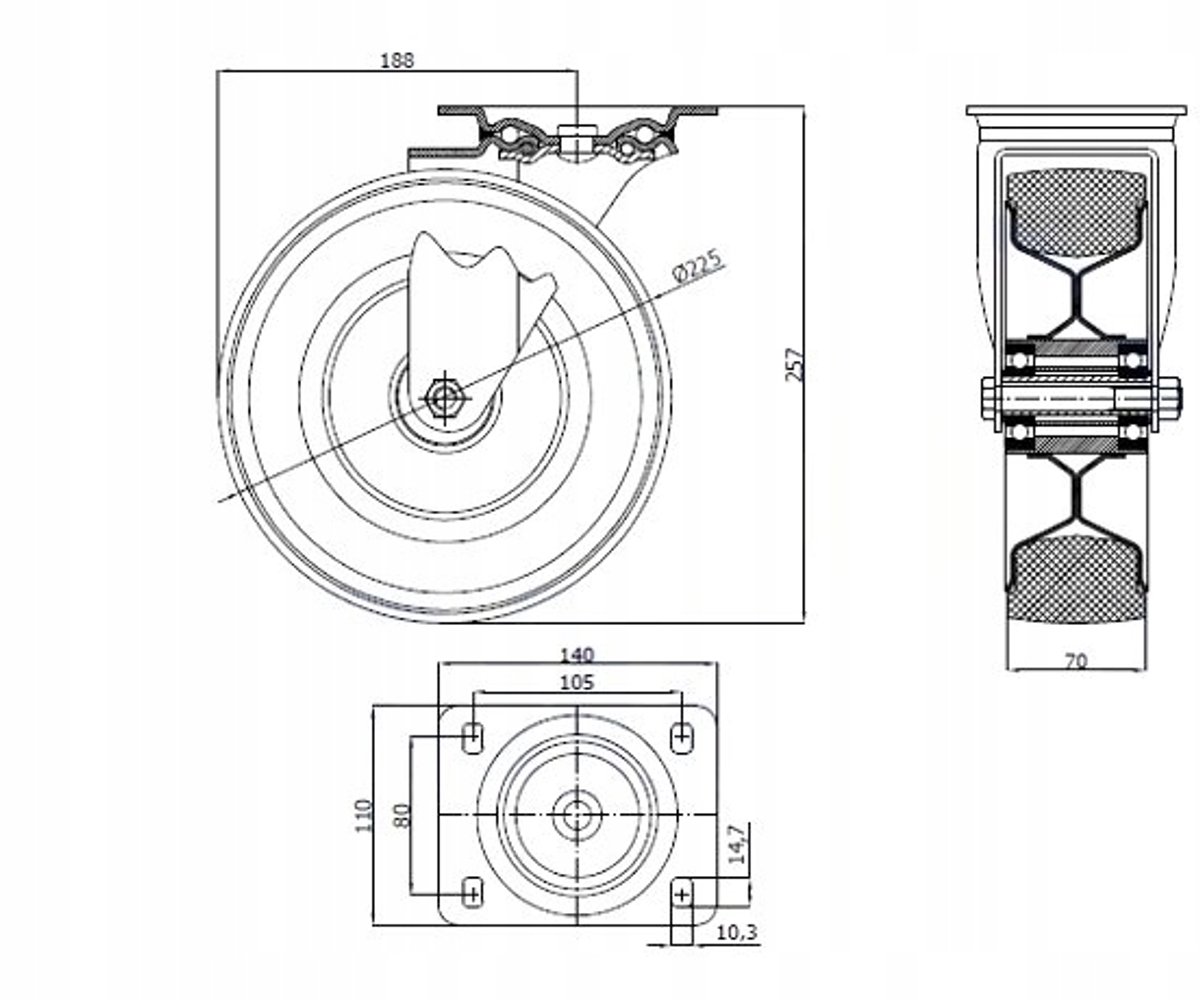 Zwenkbaar Wiel 225mm Rubber 150kg - Industriële Kwaliteit