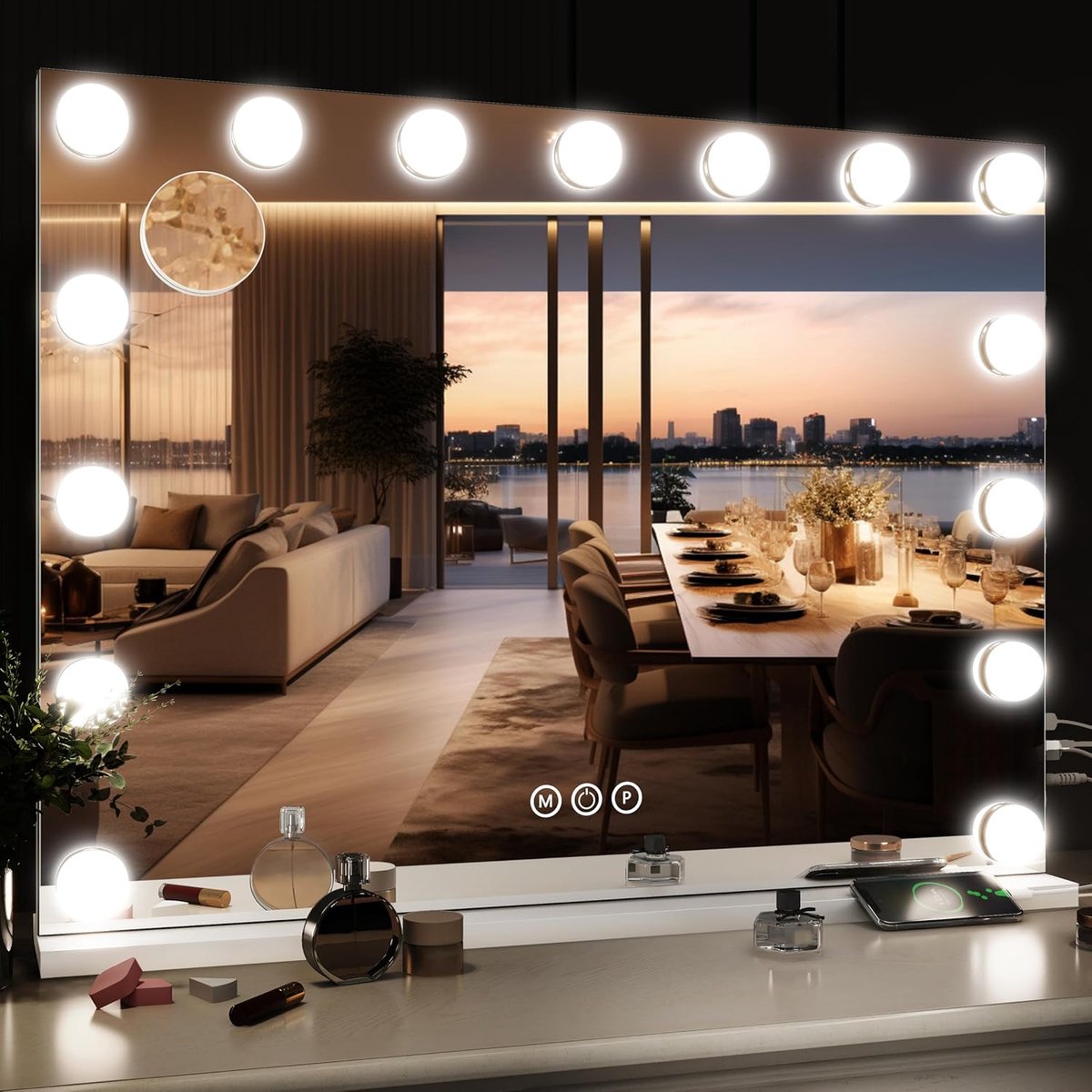 Puluomis Hollywood Spiegel 58x46CM - Spiegel met verlichting - 15x LED Lampen - USB Oplaadpoort - 10x Vergroting - 3 lichtstanden - Dimbaar - Smart Touch
