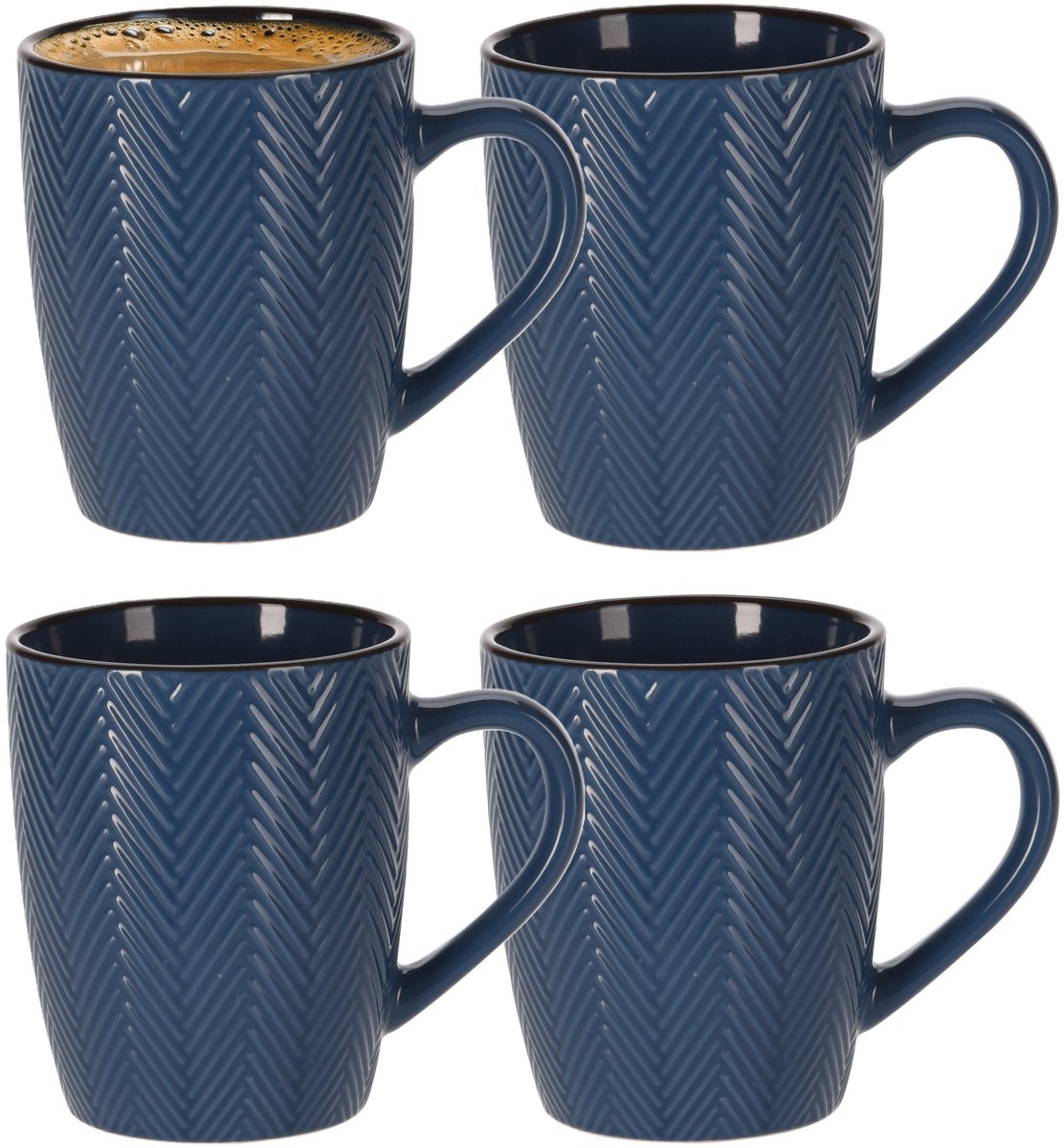 Siaki Koffiemok/theemok - 4x - Fishbone - blauw - 370 ml - mokken - keramiek