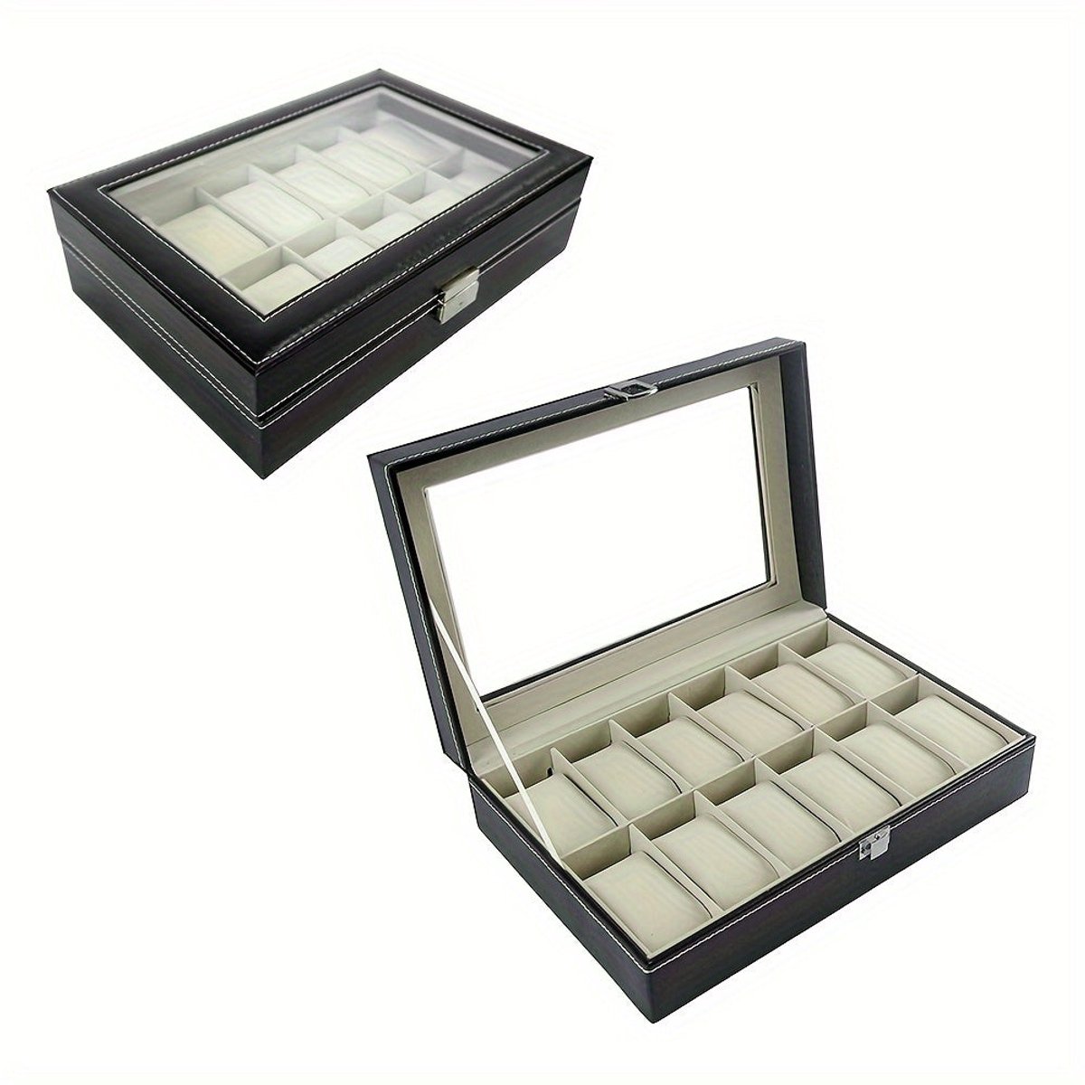 Horlogebox - Horlogedoos - Watch Box - Sieradendoos - Opbergdoos - 12 Vakken - Dubbel Laags PU Leer - Transparant Glas Met Slot - Compact 30x20x8 cm - Fluwelen Voering