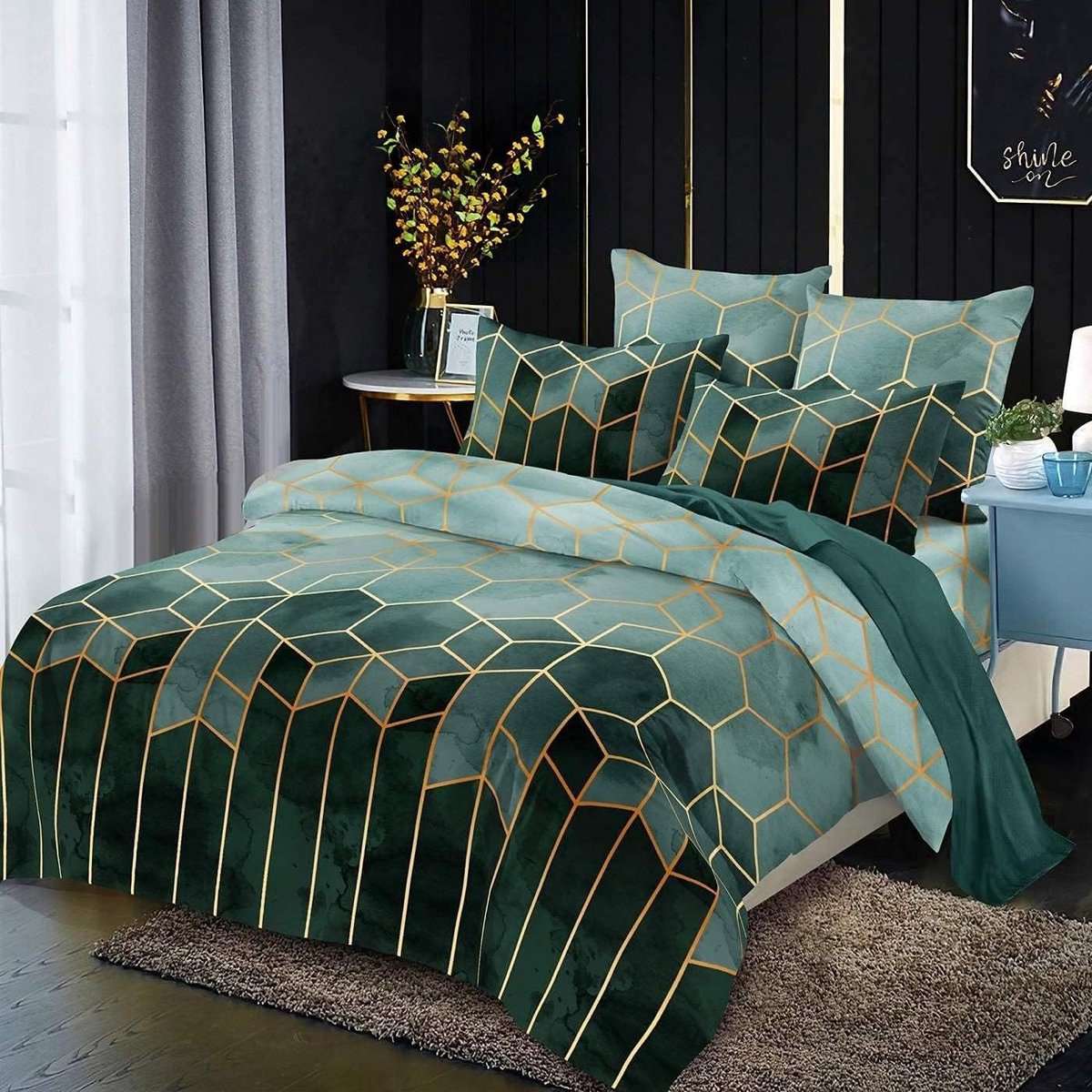 Unyqoos Moderne vierdelige beddengoedset met geometrisch patroon en ritssluiting Groen