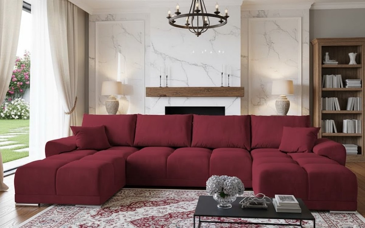 U-vorm Hoekbank met Slaapfunctie en Opbergruimte 365x189 cm – Luxe Fluwelen Slaapbank met Kussens & Uittrekbare Bedfunctie – Comfortabele Grote Hoekbank in Maroon/Rood – Moderne Woonkamerbank – Ganeey