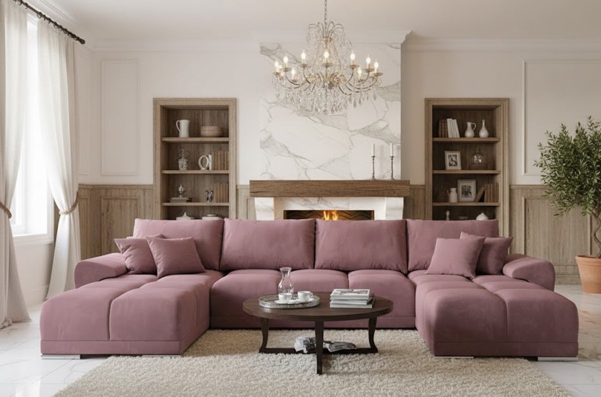 U-vorm Hoekbank met Slaapfunctie en Opbergruimte 365x189 cm – Luxe Fluwelen Slaapbank met Kussens & Uittrekbare Bedfunctie – Comfortabele Hoekbank in Pruim – Moderne Grote Hoekbank voor Woonkamer – Ganeey