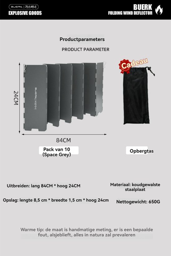 Windvrij Kookscherm - 84x24cm - 10delig - Anti-spatscherm - Vlambeveiligers - Campingscherm - Gasbrandschild - Warmtebeheerscherm - Buitenkeuken - Campingaccessoires van Merkloos — afbeelding 4