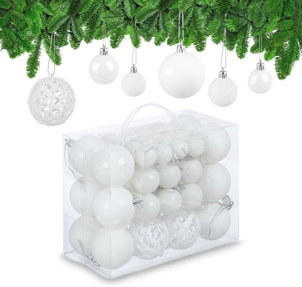 kerstballen, set van 50, mat, glanzend en met glitters, kunststof, kerstboomballen ∅ 3, 4 & 6 cm, wit