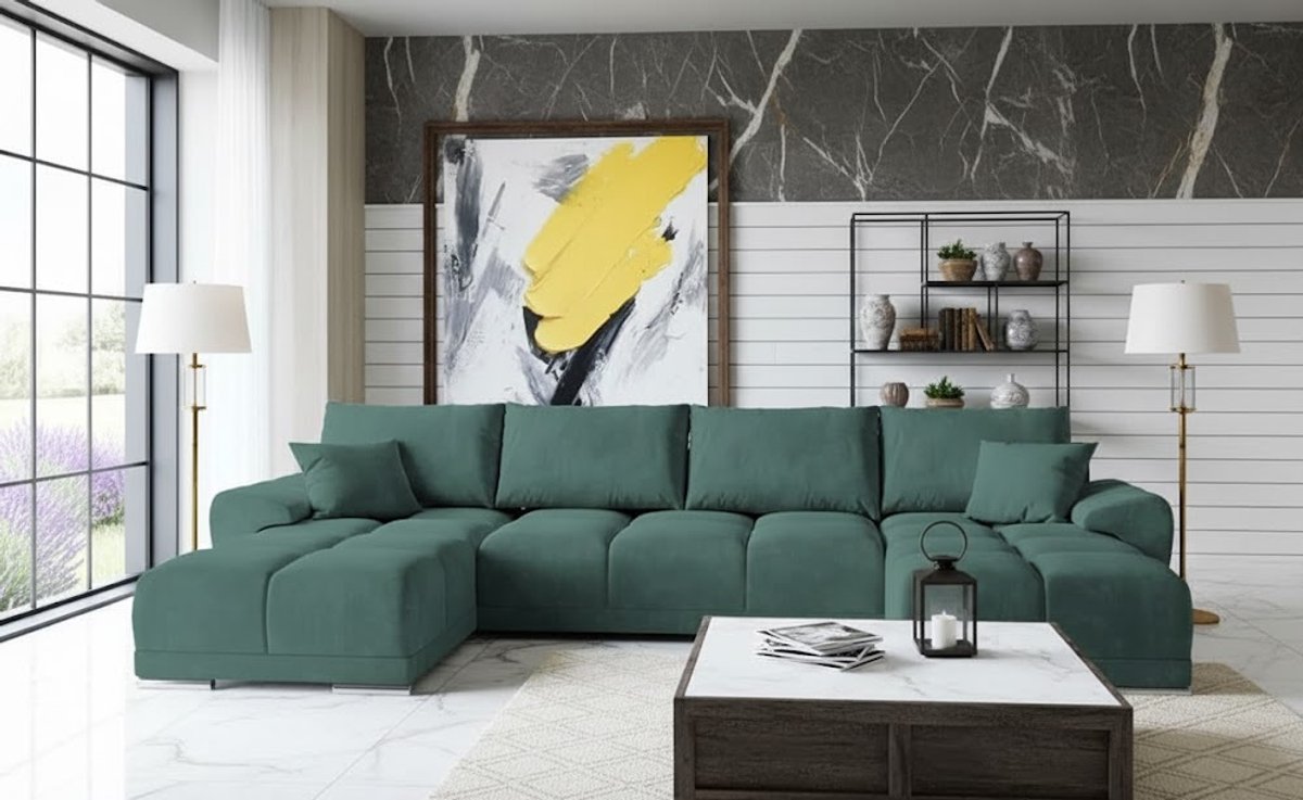 Hoekbank met Slaapfunctie U-vorm 365x189 cm – Luxe Fluwelen Groene Slaapbank met Opbergruimte en Kussens – Comfortabele U-Hoekbank voor Woonkamer en Logés – Ganeey