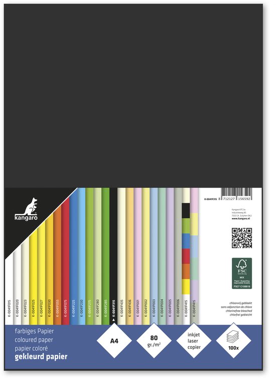 Pak gekleurd A4 papier, 80 gr/m², 100 vel. Zwart, geel, rood, groen, lichtgroen, blauw, lichtblauw, crème, geel, roze, paars, groen, rood, blauw, groen, grijs, oranje, groen, grijs.